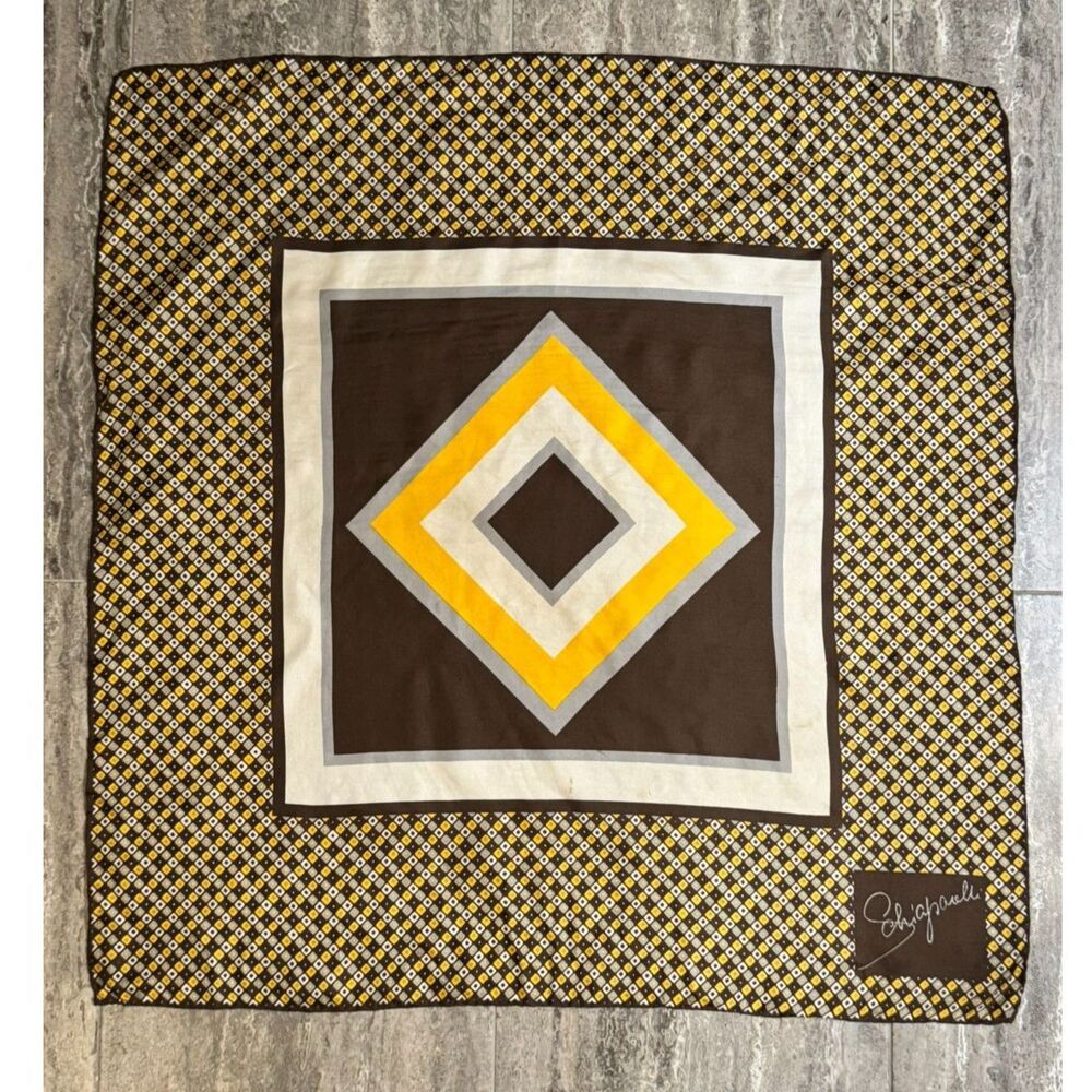 Schiaparelli Vintage Geometric Pure Silk Scarf 28in Hand Rolled Japan 60s/70s